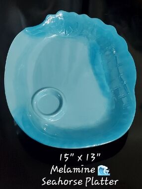 Coastal 15" x 13" Large Melamine Tray Seahorse Turquoise Aqua EUC